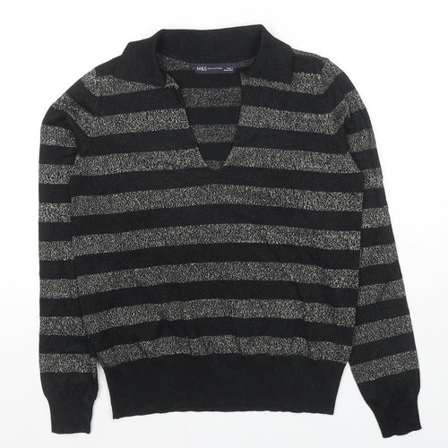 Marks and Spencer Womens Black Collared Striped Viscose Pullover Jumper Size M