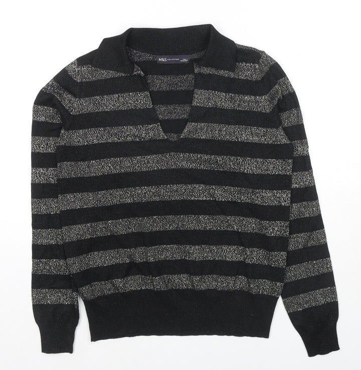 Marks and Spencer Womens Black Collared Striped Viscose Pullover Jumper Size M