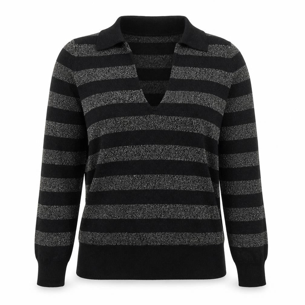 Front view of Marks & Spencer women’s black collared striped viscose jumper, size M