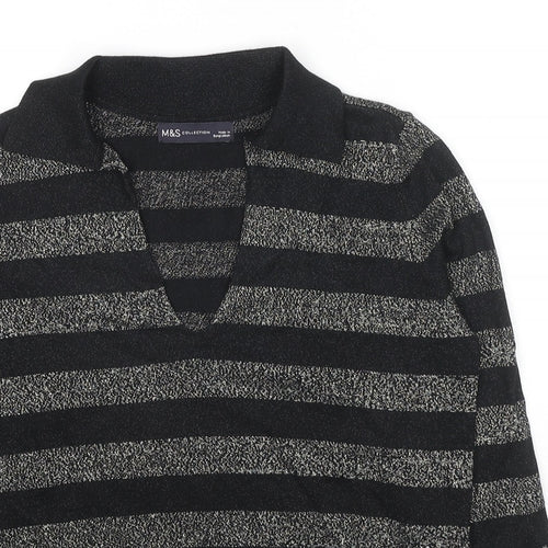 Marks and Spencer Womens Black Collared Striped Viscose Pullover Jumper Size M