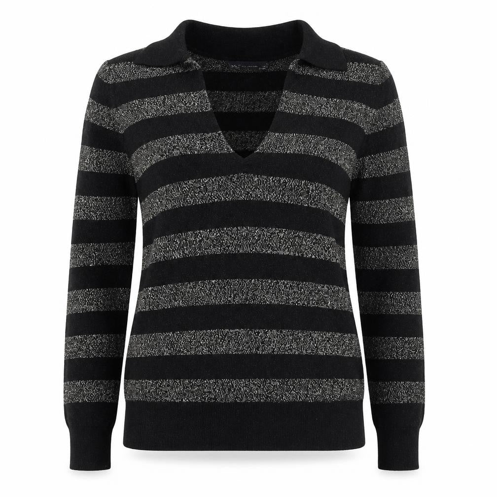Front view of Marks & Spencer women’s black collared striped viscose jumper, size S
