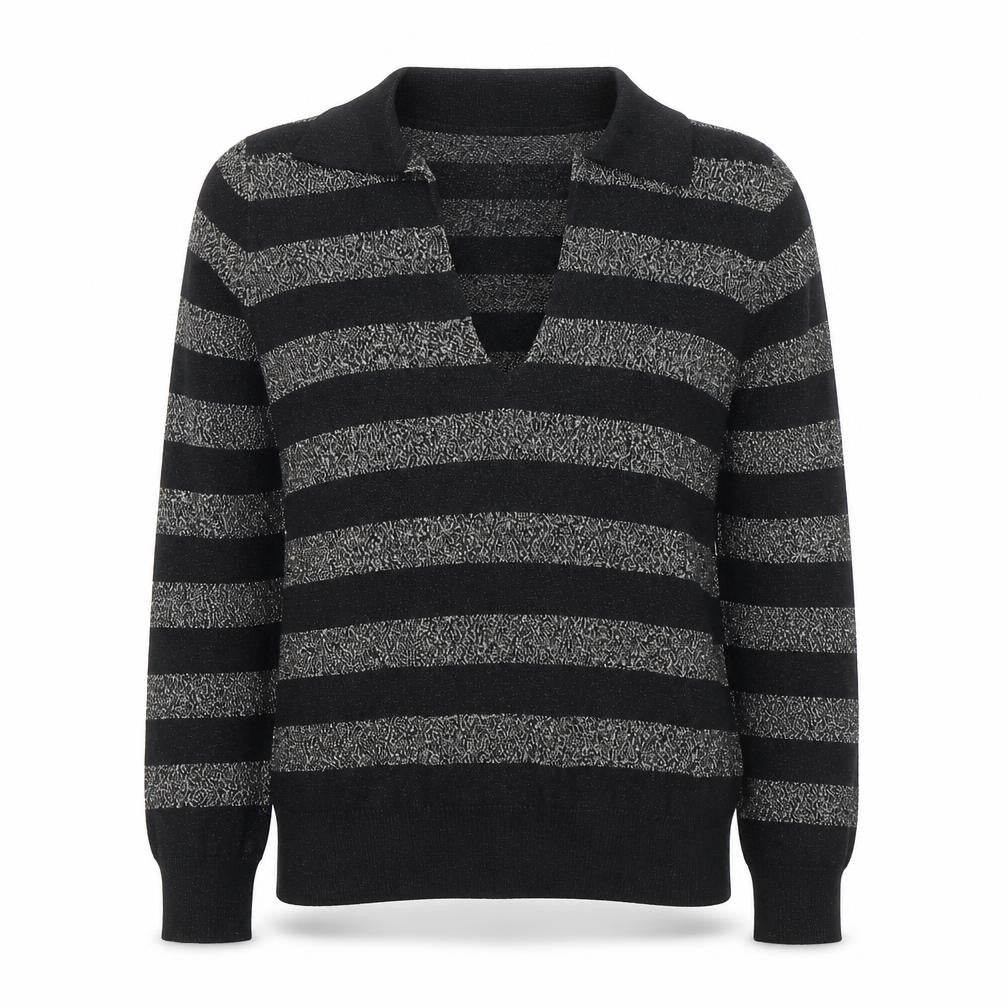 Front view of Marks & Spencer women’s black collared striped viscose jumper, size M