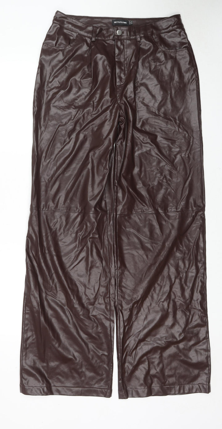 PRETTYLITTLETHING Womens Brown Viscose Trousers Size 14 L34 in Regular Zip