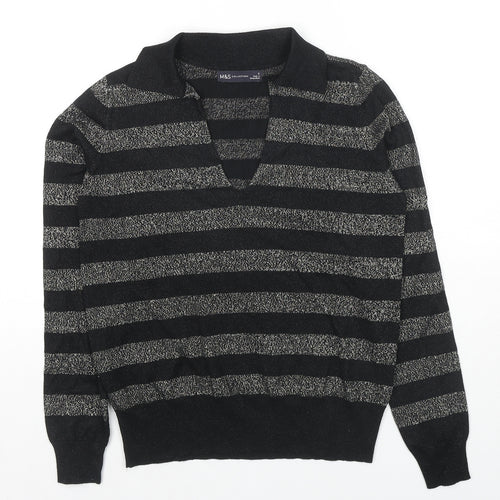 Marks and Spencer Womens Black Collared Striped Viscose Pullover Jumper Size S