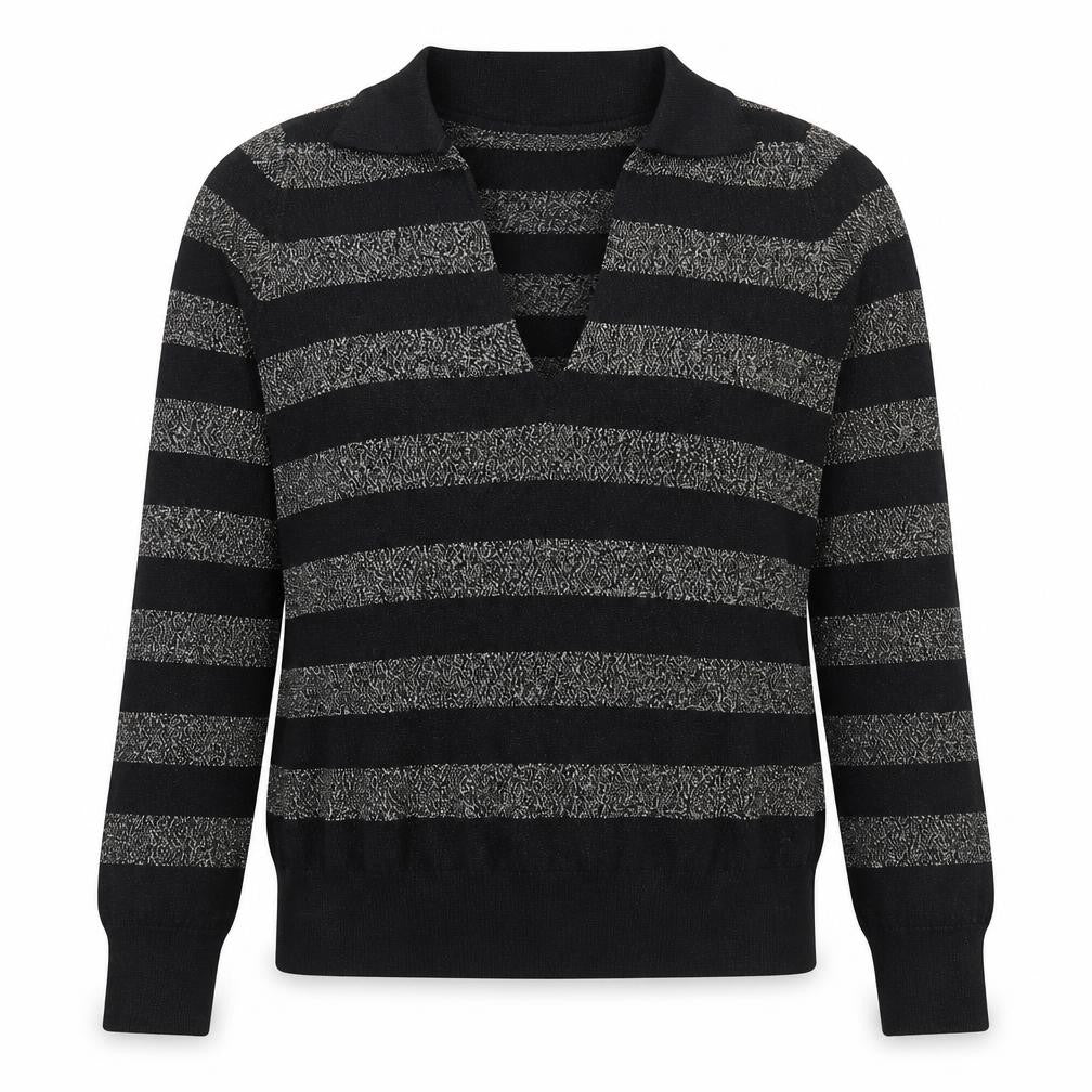 Front view of Marks & Spencer women’s black collared striped viscose jumper, size S