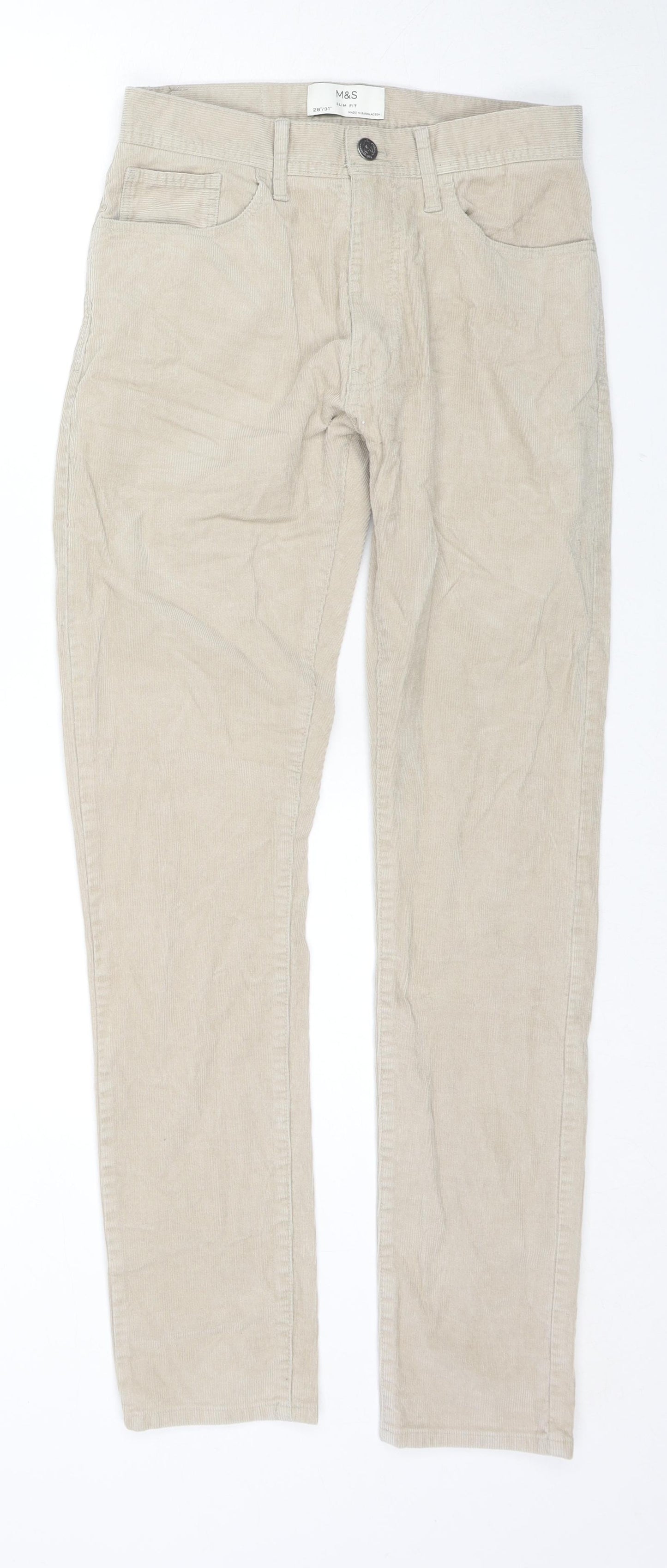 Marks and Spencer Mens Beige Cotton Trousers Size 28 in L31 in Slim Zip