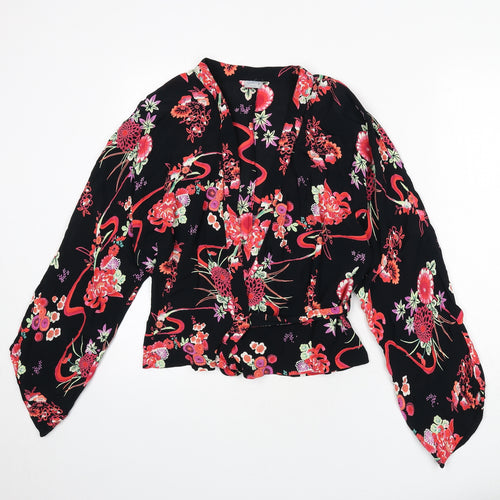Oasis Womens Black Floral Viscose Wrap Blouse Size 10 V-Neck
