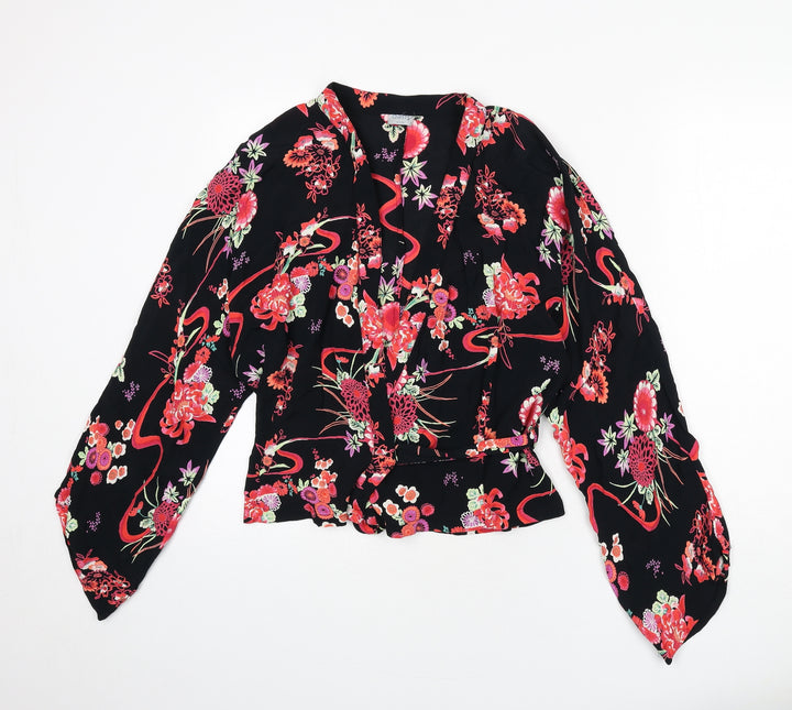 Oasis Womens Black Floral Viscose Wrap Blouse Size 10 V-Neck