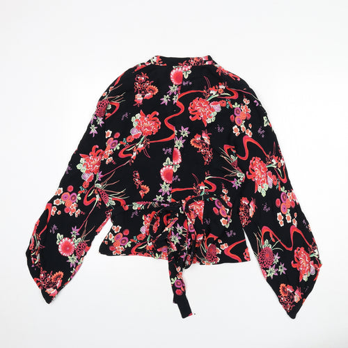 Oasis Womens Black Floral Viscose Wrap Blouse Size 10 V-Neck