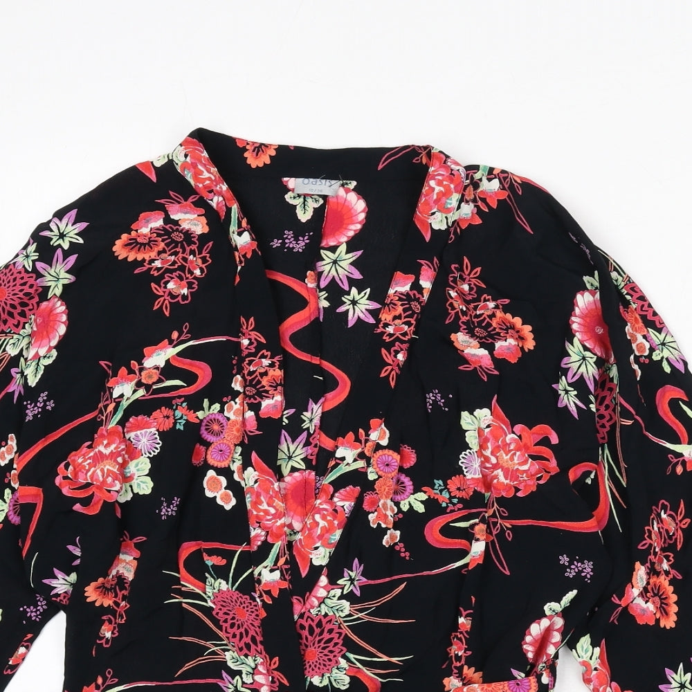 Oasis Womens Black Floral Viscose Wrap Blouse Size 10 V-Neck