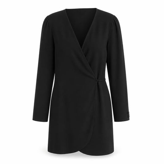 Front view of Topshop women’s black polyester wrap dress, size UK 10, v-neck tie