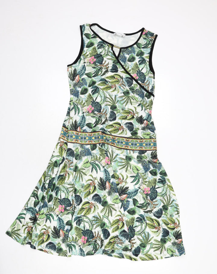 HEINE Womens Multicoloured Geometric Polyester Fit & Flare Size 12 Round Neck Pullover - Leaf and Flower Print