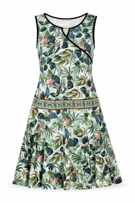 Front view of HEINE women’s multicoloured geometric polyester fit & flare, round neck pullover - leaf and flower print