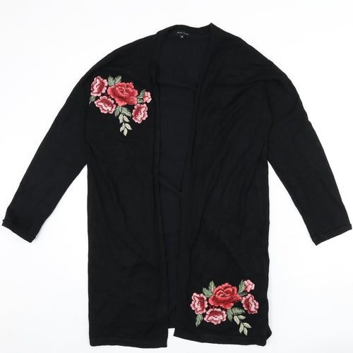 New Look Womens Black V-Neck Viscose Cardigan Jumper Size M - Floral Embroidery