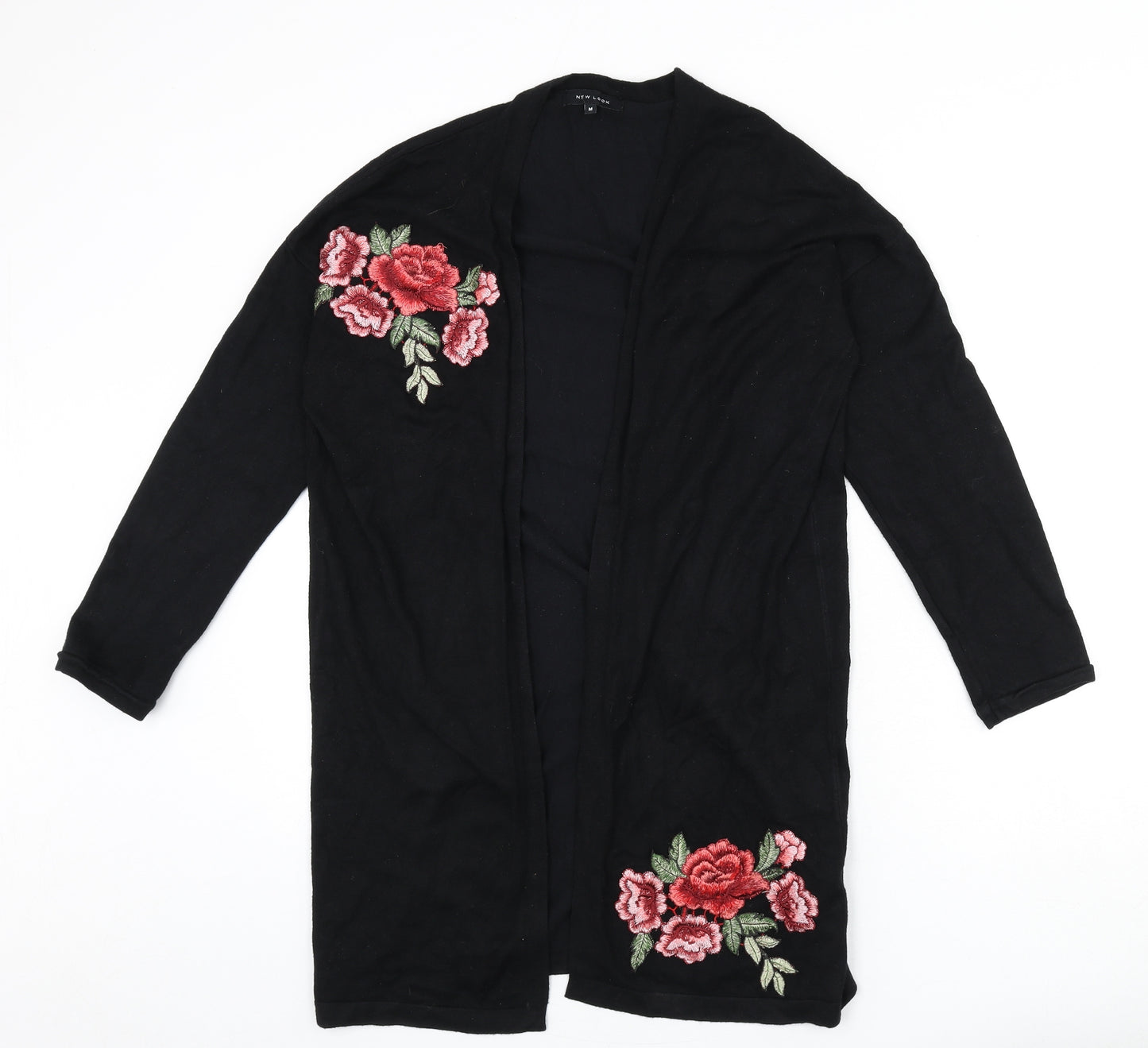 New Look Womens Black V-Neck Viscose Cardigan Jumper Size M - Floral Embroidery