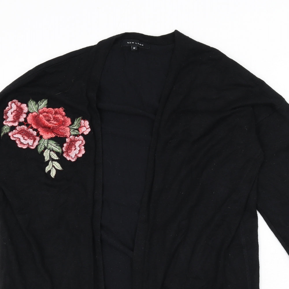 New Look Womens Black V-Neck Viscose Cardigan Jumper Size M - Floral Embroidery