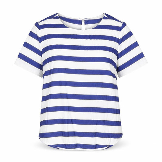 Front view of H&M women’s multicoloured striped viscose basic blouse, size UK 12, round neck