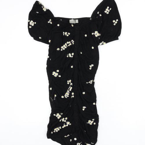 ASOS Womens Black Floral Viscose Bodycon Size 12 Off the Shoulder Button - Floral Embroidery, Ruched, Milk Maid
