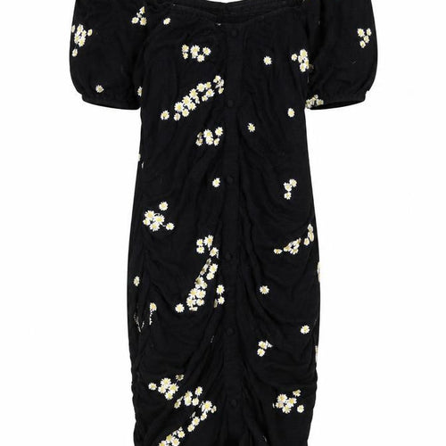 ASOS Womens Black Floral Viscose Bodycon Size 12 Off the Shoulder Button - Floral Embroidery, Ruched, Milk Maid