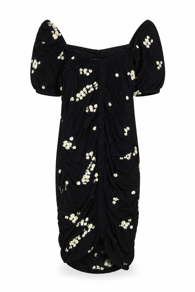 ASOS Womens Black Floral Viscose Bodycon Size 12 Off the Shoulder Button - Floral Embroidery, Ruched, Milk Maid
