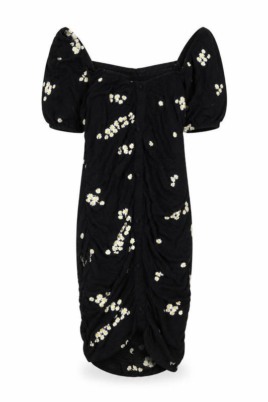 Front view of ASOS women’s black floral viscose bodycon, off the shoulder button - floral embroidery, ruched, milk maid