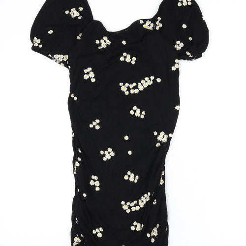 ASOS Womens Black Floral Viscose Bodycon Size 12 Off the Shoulder Button - Floral Embroidery, Ruched, Milk Maid