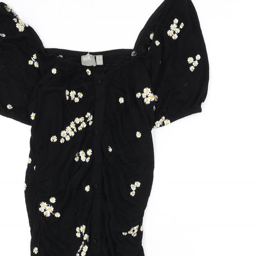 ASOS Womens Black Floral Viscose Bodycon Size 12 Off the Shoulder Button - Floral Embroidery, Ruched, Milk Maid