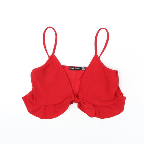 I SAW IT FIRST Womens Red Polyester Cropped T-Shirt Size 6 V-Neck - Ruffle Detail