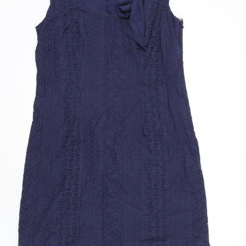 Monsoon Womens Blue Cotton A-Line Size 8 Round Neck Zip - Floral Embroidery, Tie Detail