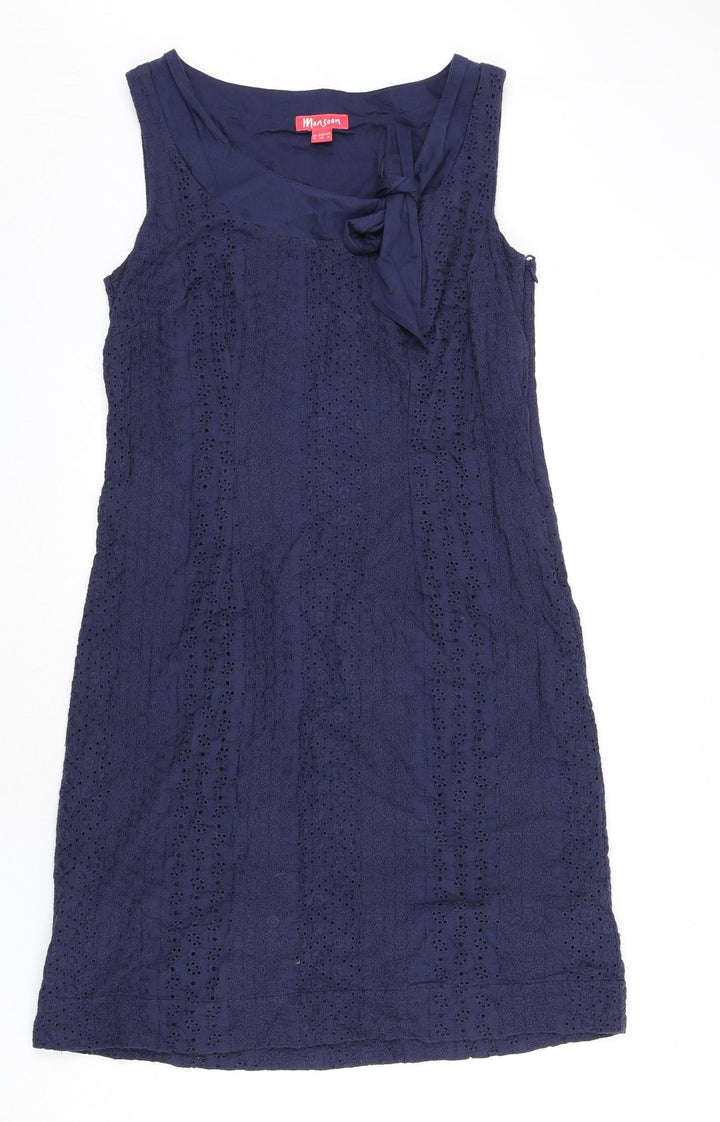 Monsoon Womens Blue Cotton A-Line Size 8 Round Neck Zip - Floral Embroidery, Tie Detail