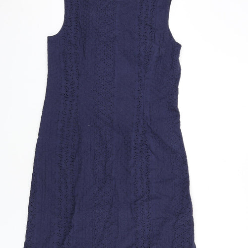 Monsoon Womens Blue Cotton A-Line Size 8 Round Neck Zip - Floral Embroidery, Tie Detail