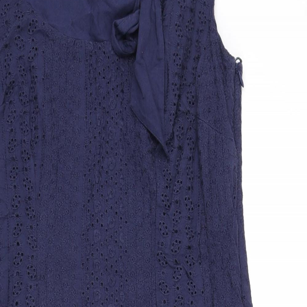 Monsoon Womens Blue Cotton A-Line Size 8 Round Neck Zip - Floral Embroidery, Tie Detail
