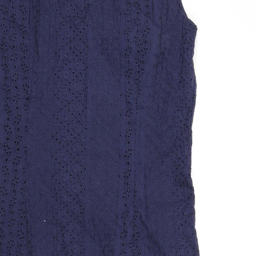 Monsoon Womens Blue Cotton A-Line Size 8 Round Neck Zip - Floral Embroidery, Tie Detail