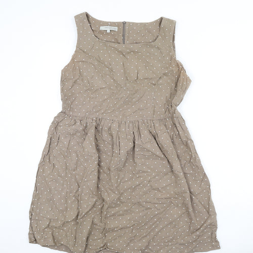 John Lewis Womens Brown Polka Dot Cotton Fit & Flare Size 14 Scoop Neck Zip