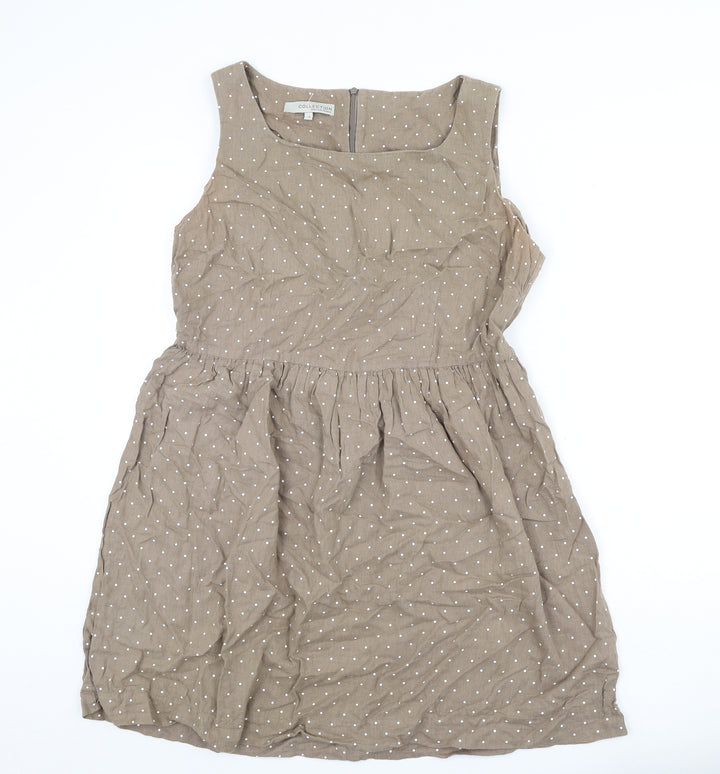 John Lewis Womens Brown Polka Dot Cotton Fit & Flare Size 14 Scoop Neck Zip