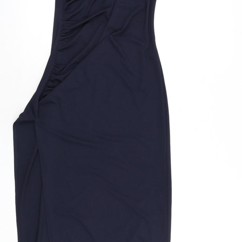 Pull&Bear Womens Blue Polyester Bodycon Size M Round Neck Pullover - Ruched Sides, Slit