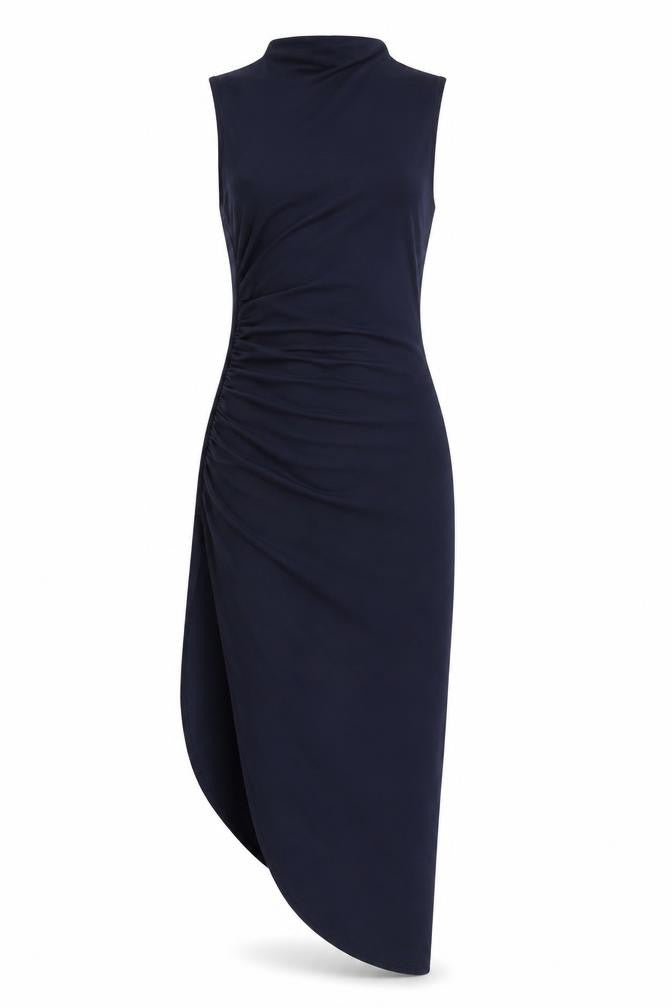Pull&Bear Womens Blue Polyester Bodycon Size M Round Neck Pullover - Ruched Sides, Slit