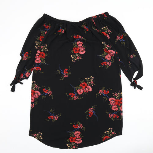 Cameo Rose Womens Black Floral Polyester A-Line Size 14 Off the Shoulder Pullover - Bardot, Sleeve Tie Detail