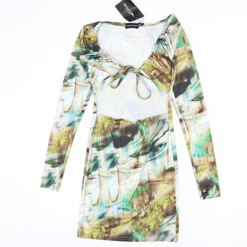 PRETTYLITTLETHING Womens Multicoloured Geometric Polyester Bodycon Size 8 V-Neck Tie - Cut Out Detail