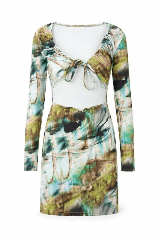 Front view of PRETTYLITTLETHING women’s multicoloured geometric polyester bodycon, size UK 8, v-neck tie - cut out detail