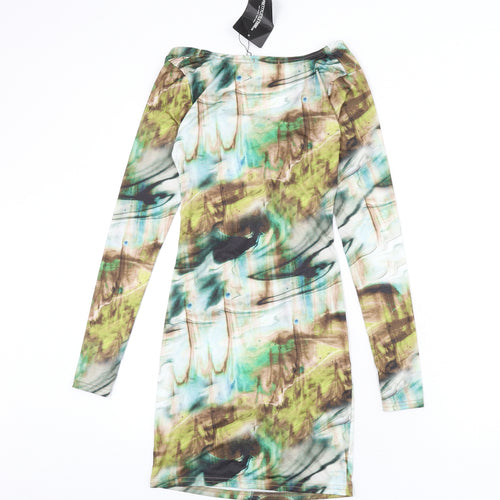 PRETTYLITTLETHING Womens Multicoloured Geometric Polyester Bodycon Size 8 V-Neck Tie - Cut Out Detail