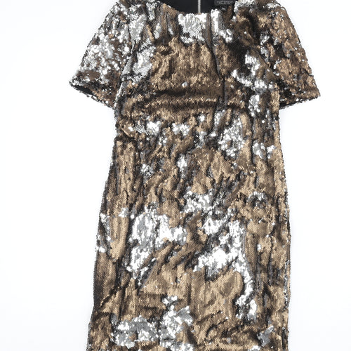 Topshop Womens Gold Polyester Pencil Dress Size 8 Round Neck Zip - Reversible Sequins