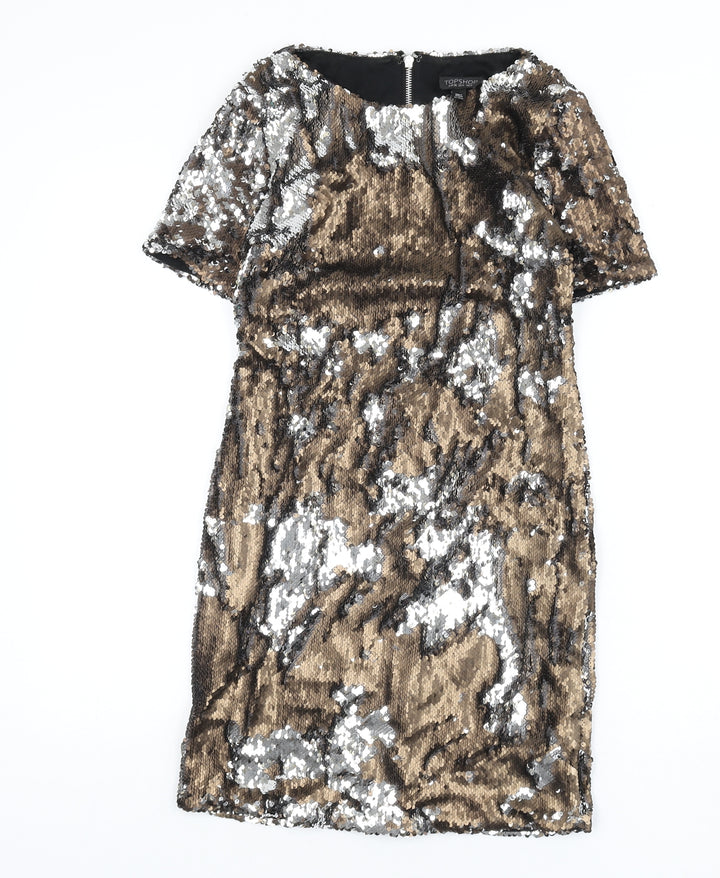 Topshop Womens Gold Polyester Pencil Dress Size 8 Round Neck Zip - Reversible Sequins