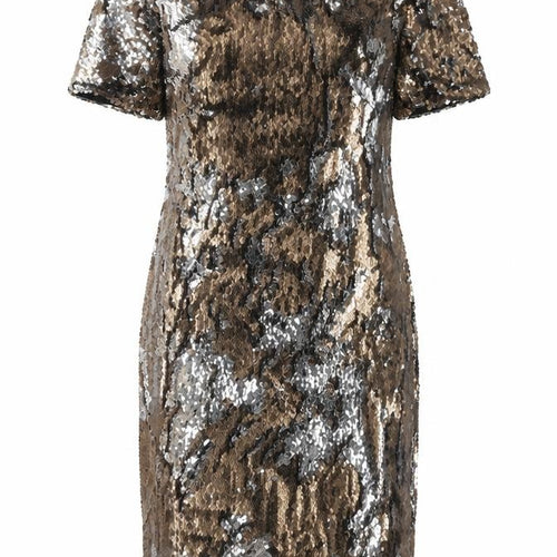 Topshop Womens Gold Polyester Pencil Dress Size 8 Round Neck Zip - Reversible Sequins