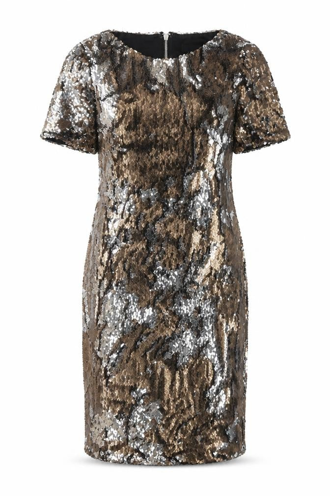 Topshop Womens Gold Polyester Pencil Dress Size 8 Round Neck Zip - Reversible Sequins