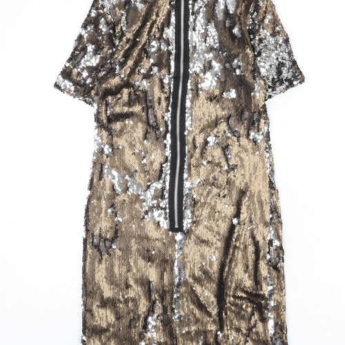 Topshop Womens Gold Polyester Pencil Dress Size 8 Round Neck Zip - Reversible Sequins