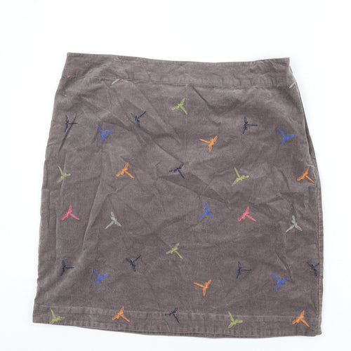 White Stuff Womens Grey Geometric Cotton A-Line Skirt Size 14 Zip - Embroidered Dragonflies