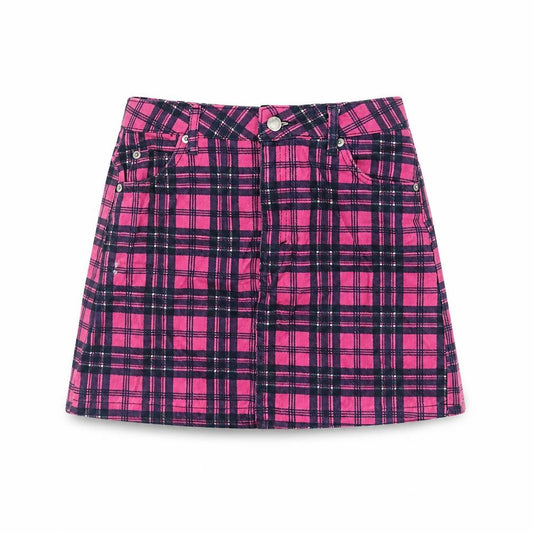 Front view of Topshop women’s pink plaid cotton a-line skirt, size UK 8, zip
