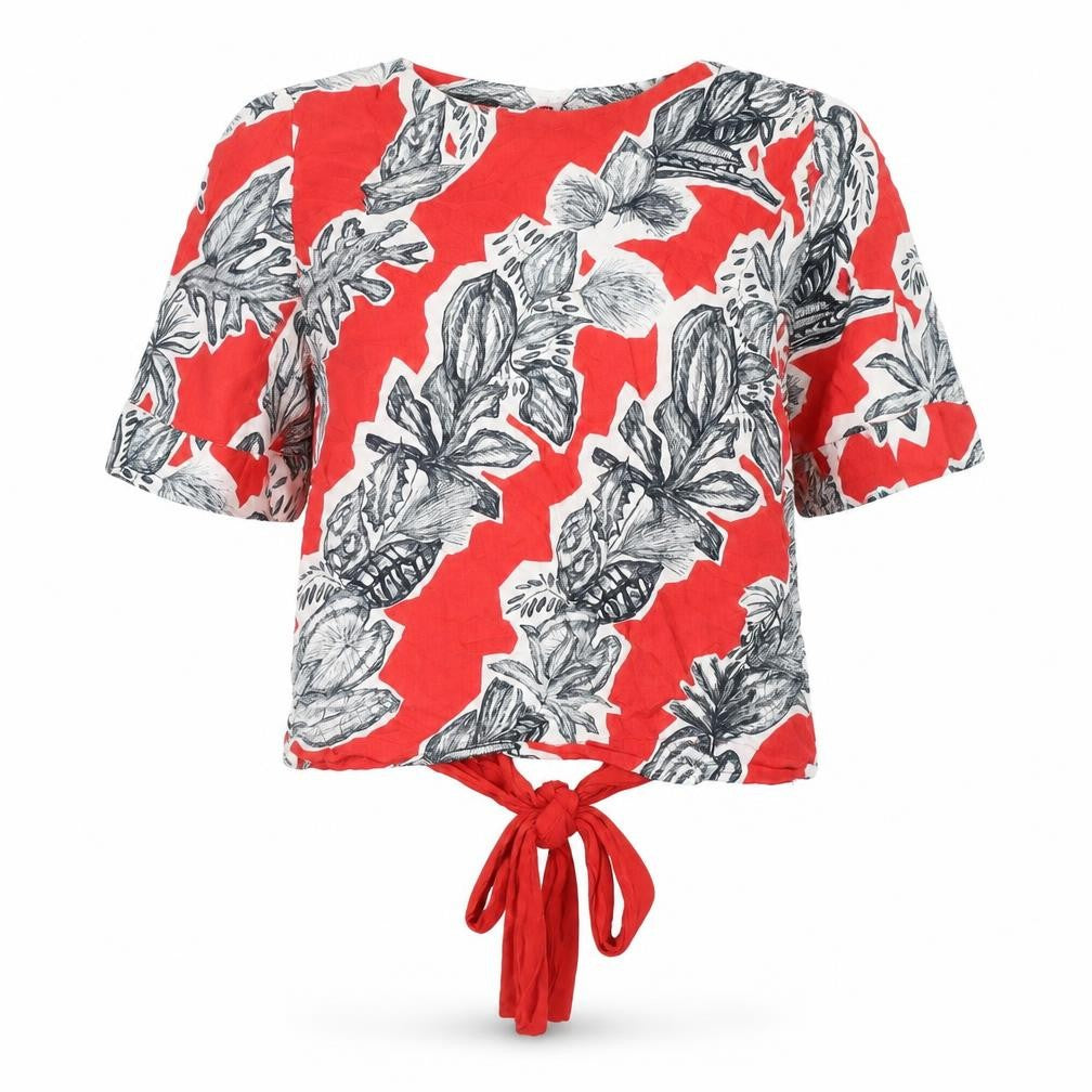 Finery Womens Red Floral Viscose Basic Blouse Size 10 Round Neck - Cut Out Back Detail