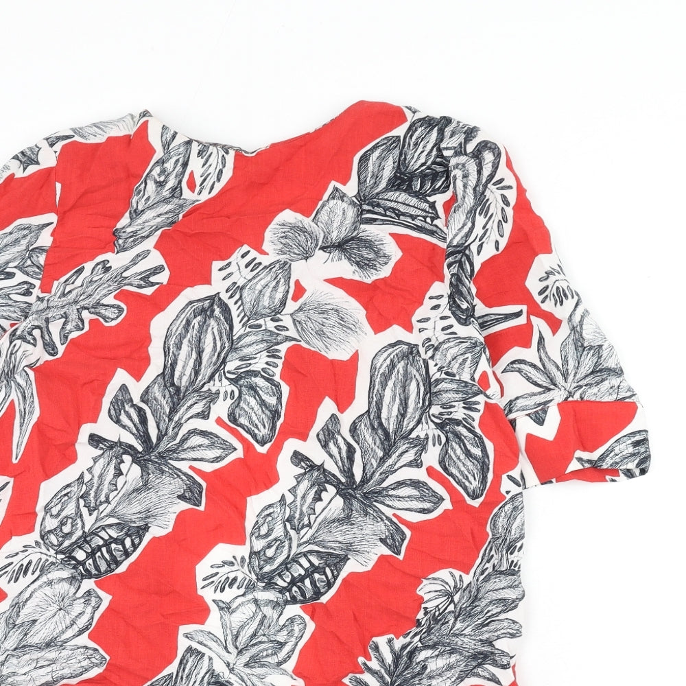 Finery Womens Red Floral Viscose Basic Blouse Size 10 Round Neck - Cut Out Back Detail